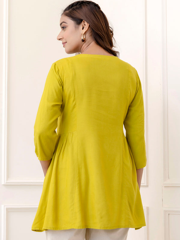 Lime Rayon Hip Length Solid Round Neck Solid Embroidered Straight Top