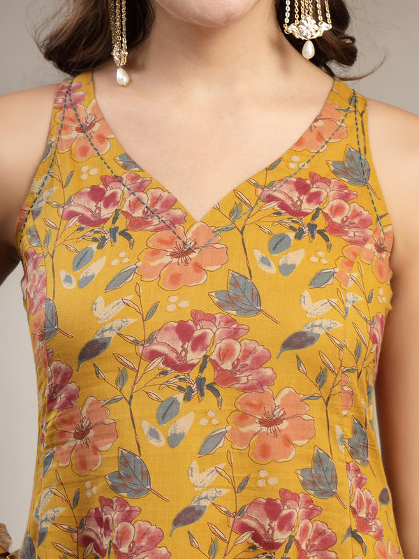 Cotton Calf Length Printed Sleeveless V-Neck Flared Kurta Suit Set
