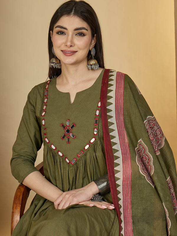 Gulmohar Jaipur Cotton Calf Length Solid 3/4 Sleeves Round Neck Flared Kurta Suit Set