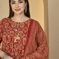 Gulmohar Jaipur Cotton Calf Length Printed 3/4 Sleeves Round Neck Anarkali Kurta Suit Set