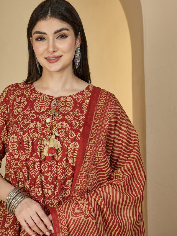 Gulmohar Jaipur Cotton Calf Length Printed 3/4 Sleeves Round Neck Anarkali Kurta Suit Set