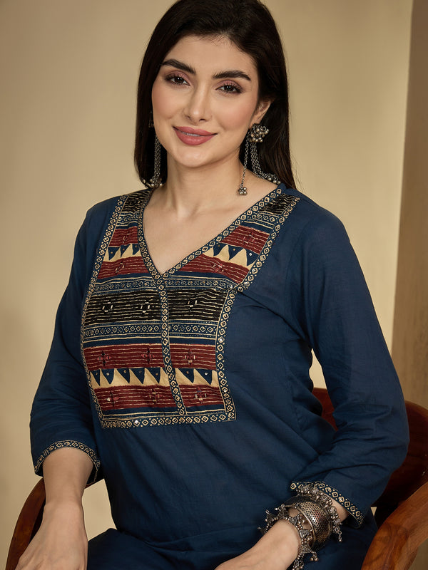 Gulmohar Jaipur Rayon Calf Length Solid 3/4 Sleeves V-Neck Straight Kurta Suit Set