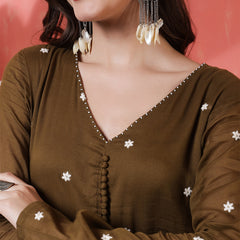 Cotton Ankle  Length Printed Full- Sleeves V-Neck Tired Kurta Suit Set