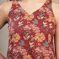 Cotton Calf Length Printed Sleeveless V-Neck Flared Kurta Suit Set