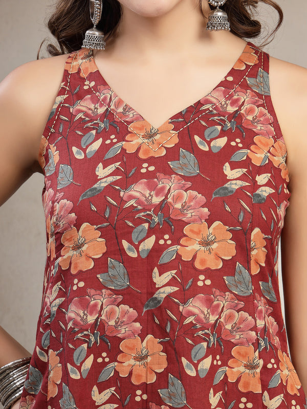 Cotton Calf Length Printed Sleeveless V-Neck Flared Kurta Suit Set