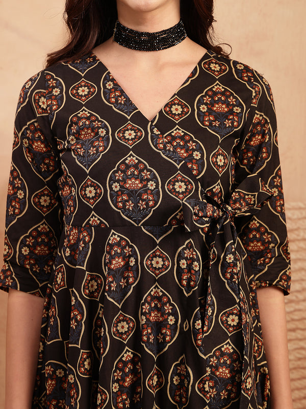 Gulmohar Jaipur Cotton Calf Length Printed 3/4 Sleeves V-Neck Anarkali Kurta Suit Set