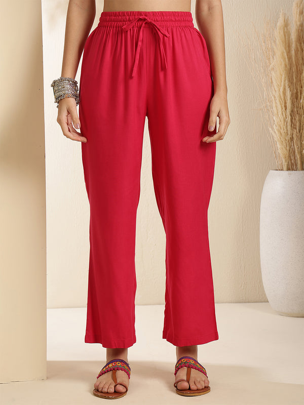 Coral Rayon Solid 3/4 Sleeves V-Neck Semi-Flared Kurta Suit Set