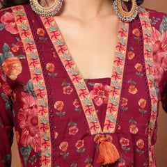 Cotton Calf Length Printed 3/4 Sleeves V-Neck Flared Kurta Suit Set