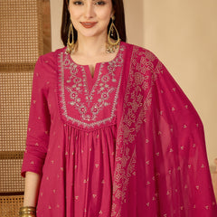 Cotton Calf Length Printed 3/4 Sleeves Round Neck Semi-Flared Kurta Suit Set