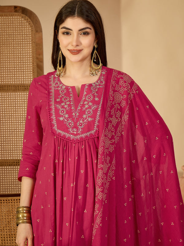 Cotton Calf Length Printed 3/4 Sleeves Round Neck Semi-Flared Kurta Suit Set