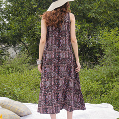 Gulmohar Jaipur Rayon Calf Length Printed Sleeveless V-Neck Flared Dress