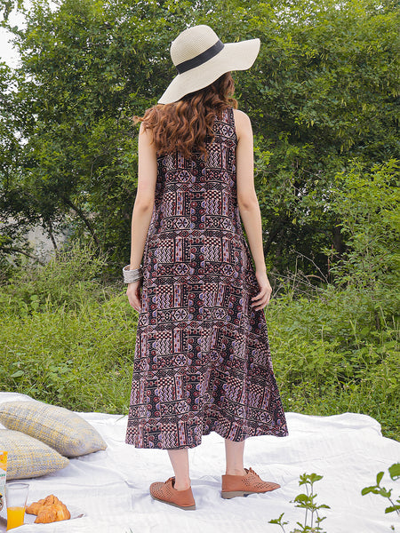 Gulmohar Jaipur Rayon Calf Length Printed Sleeveless V-Neck Flared Dress