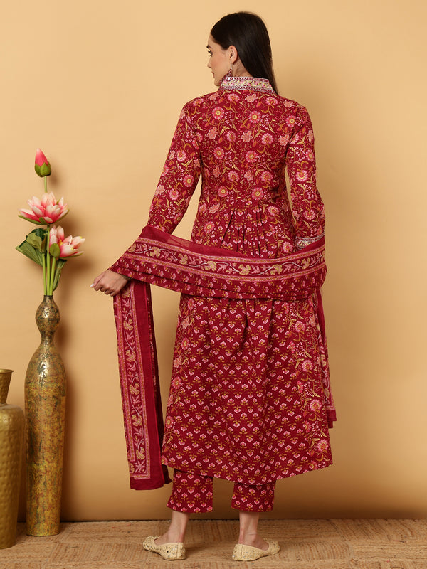 Maroon Calf Length Floral Print Flared V-Neck Kurta Suit Set