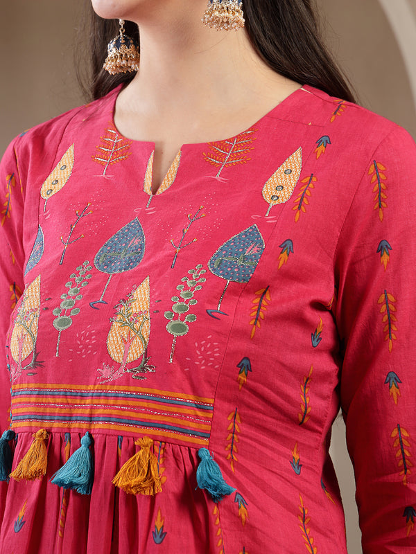 Gulmohar Jaipur Rayon Calf Length Printed 3/4 Sleeves Round Neck A-Line Kurta Suit Set