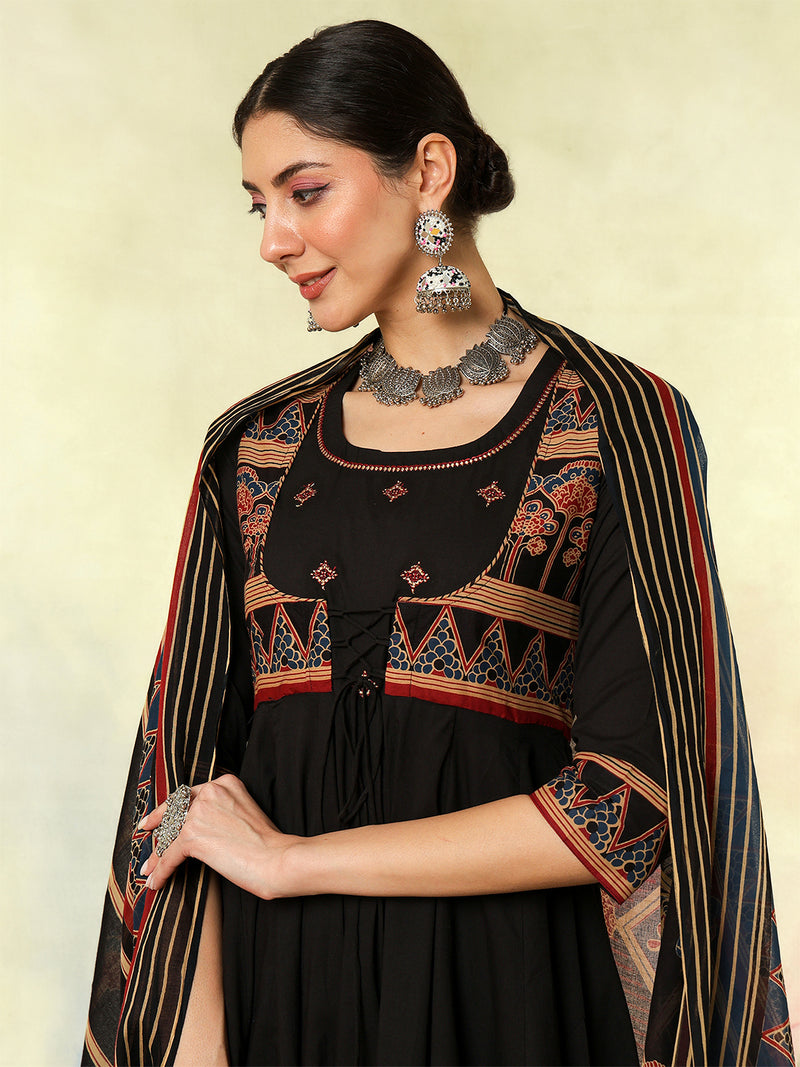 Black Pure Cotton Printed Embroidered Anarkali Kurta Suit Set