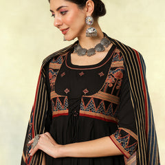 Black Pure Cotton Printed Embroidered Anarkali Kurta Suit Set