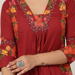 Rayon Calf Length Printed 3/4 Sleeve V-Neck Flared Kurta