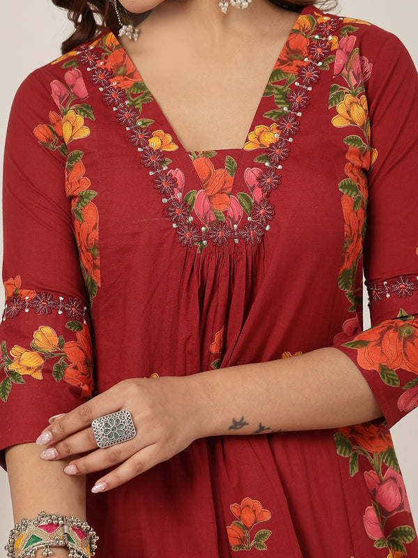 Rayon Calf Length Printed 3/4 Sleeve V-Neck Flared Kurta