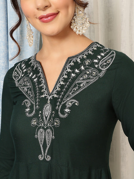 Bottle Green Rayon Calf Length Solid V-Neck Anarkali Kurta Suit Set