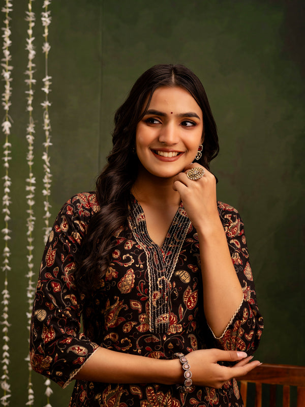 Black Cotton Calf Length Printed A-Line V-Neck Kurta Palazzo Set