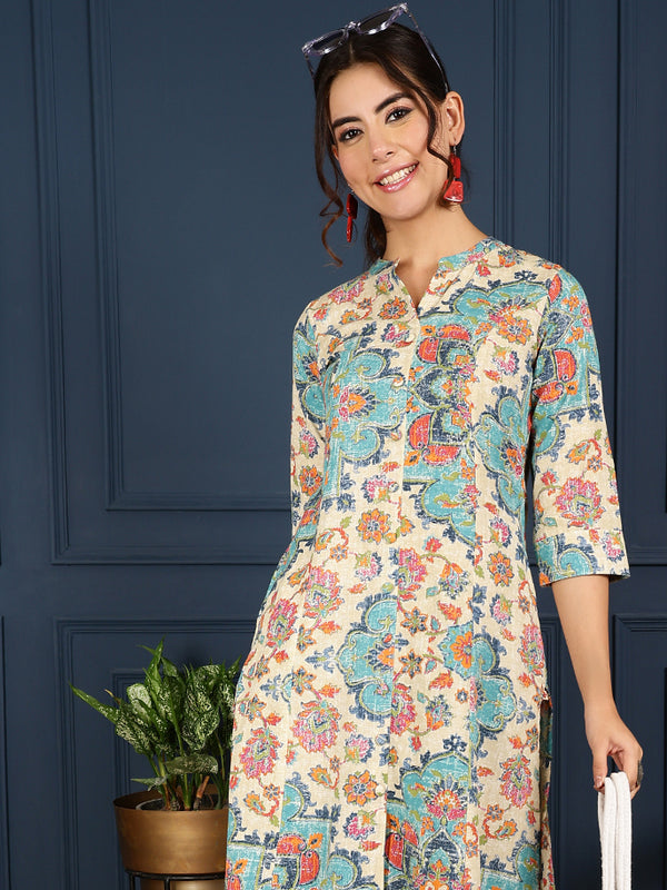 Blue Cotton Flex Calf Length Printed Mandarin Coller A-Line Kurta