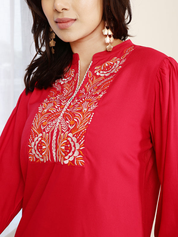 Coral Rayon Hip Length Solid Round Straight 3/4 Sleeves Kurta Pant Set