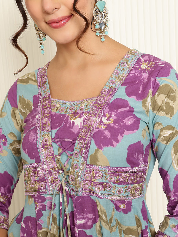 Light Blue Cotton Ankle Length Printed V-Neck  Anarkali Gown