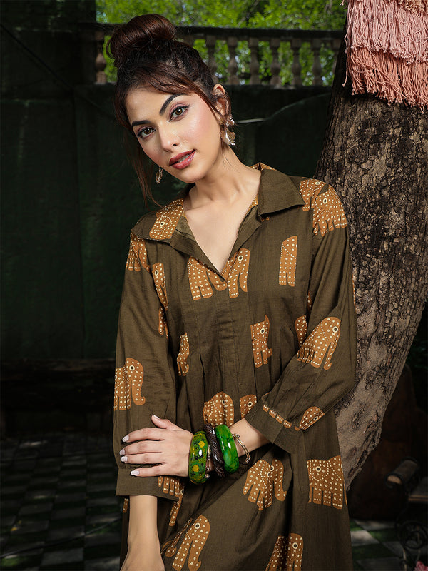 Gulmohar Jaipur Cotton Calf Length Printed Full Sleeve Shirt Collar Flared Dress