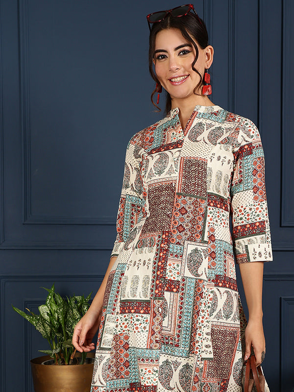 Maroon Cotton Flex Calf Length Printed Mandarin Coller A-Line Kurta