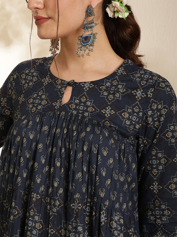 Maroon Pure Cotton Printed Keyhole Neck Anarkali Kurta Suit Set