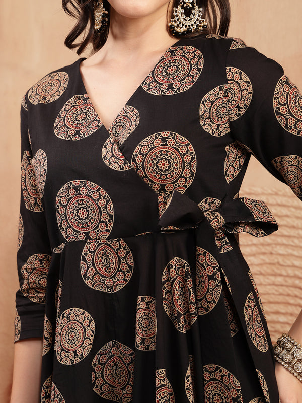Gulmohar Jaipur Cotton Calf Length Printed 3/4 Sleeve V-Neck Anarkali Kurta Suit Set