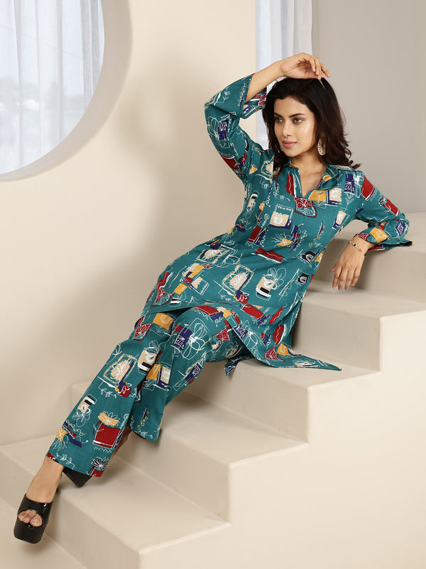 Green Rayon Hip Length Printed Shirt Coller Asymmetric Kurta Pant Set