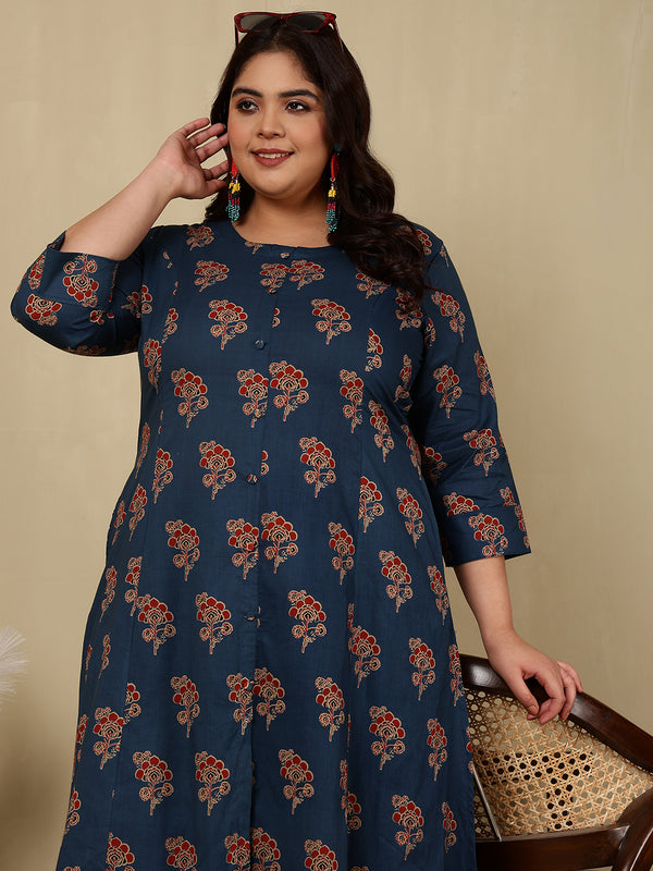 Cotton Calf Length Printed Straight 3/4 Sleeves Round Kurta Suit Set (Plus+)