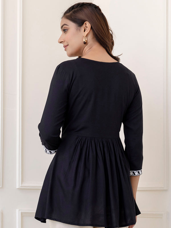 Black Rayon Hip Length Solid V-Neck Solid Embroidered Semi-Flared Top