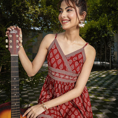 Gulmohar Jaipur Cotton Knee Length Printed Strappy Sleeve V-Neck Flared Dress