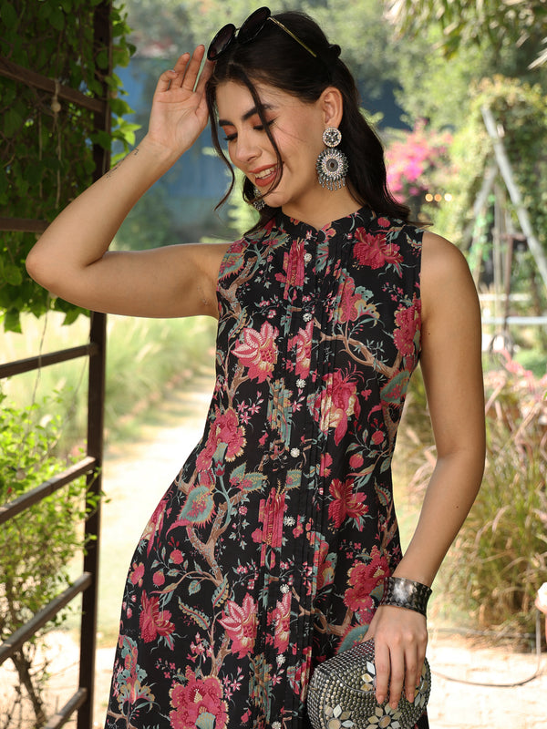 Black Cotton Calf Length Printed A-Line Mandarin Neck Kurta Palazzo Set