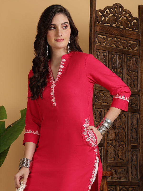 Coral Rayon Embroidered Calf Length Solid Straight V-Neck Kurta