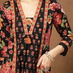 Cotton Calf Length Printed 3/4 Sleeves V-Neck Flared Kurta Suit Set