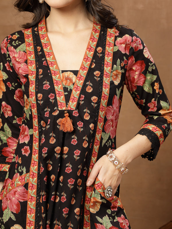 Cotton Calf Length Printed 3/4 Sleeves V-Neck Flared Kurta Suit Set