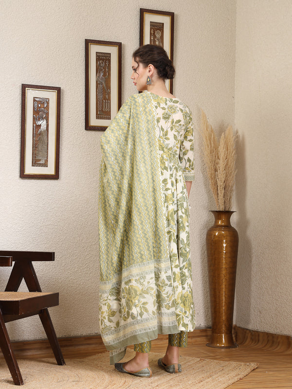 Olive Cotton Calf Length Printed Round Neck Anarkali Kurta Suit Set