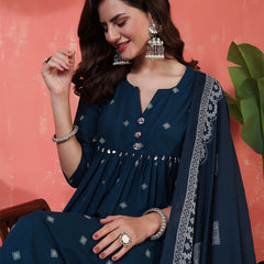 Rayon Calf Length Printed 3/4 Sleeves Round Neck Semi-Flared Kurta Suit Set