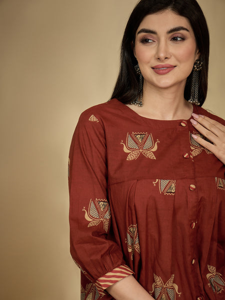 Gulmohar Jaipur Rayon Hip Length Printed 3/4 Sleeves Round Neck Flared Top
