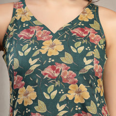 Cotton Calf Length Printed Sleeveless V-Neck Flared Kurta Suit Set