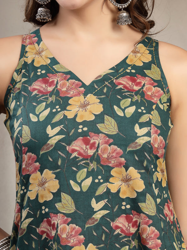 Cotton Calf Length Printed Sleeveless V-Neck Flared Kurta Suit Set