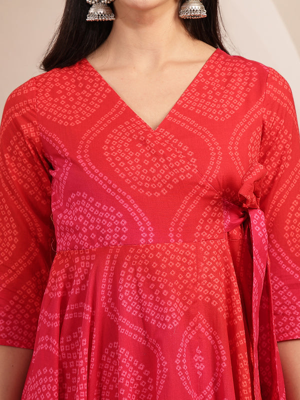 Gulmohar Jaipur Cotton Calf Length Printed 3/4 Sleeves V-Neck Flared Kurta Suit Set