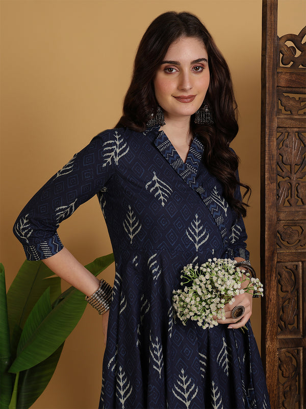 Navy Blue Cotton Calf Length Printed Flared V-Neck Kurta Palazzo Set