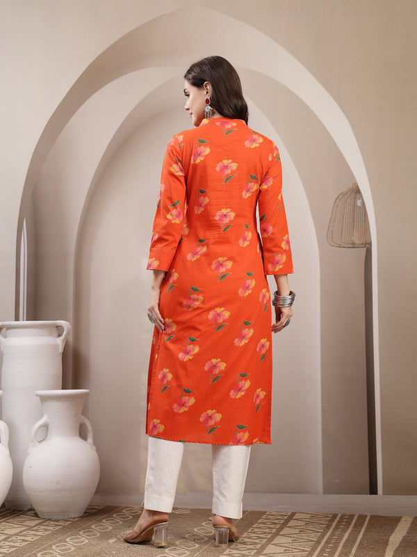 Gulmohar Jaipur Cotton Calf Length Printed 3/4 Sleeve V-Neck Straight Kurta