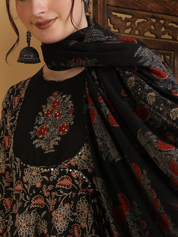 Black Pure Cotton Printed Hand-Work Anarkali Kurta Suit Set