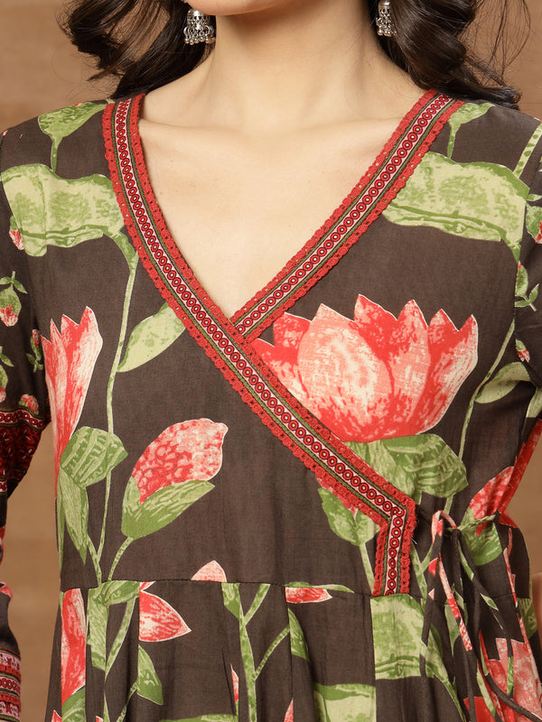 Cotton Ankle Length Printed 3/4 Sleeves V-Neck Flared Kurta