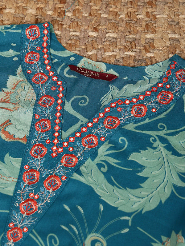 Blue Rayon Calf Length Printed V-Neck Straight Kurta